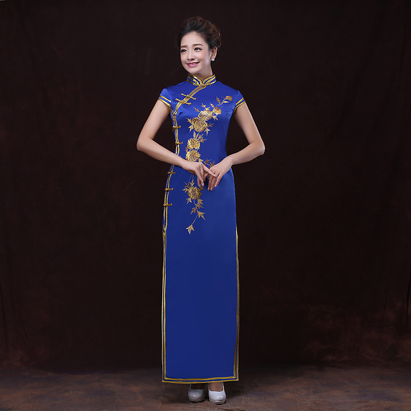 旗袍禮儀服裝長款藍(lán)色服裝